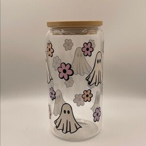 Ghost and Flower Glass Jar with Wooden Lid